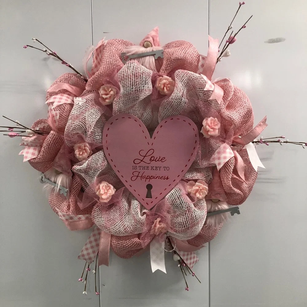 Gnome Wreath Valentines Love is the Key to Happiness Hearts Roses Ribbons